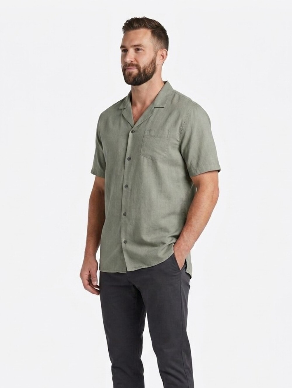 Zanerobe Linen Cotton Blend Short Sleeve Camp Collar Shirt Large Sage Green